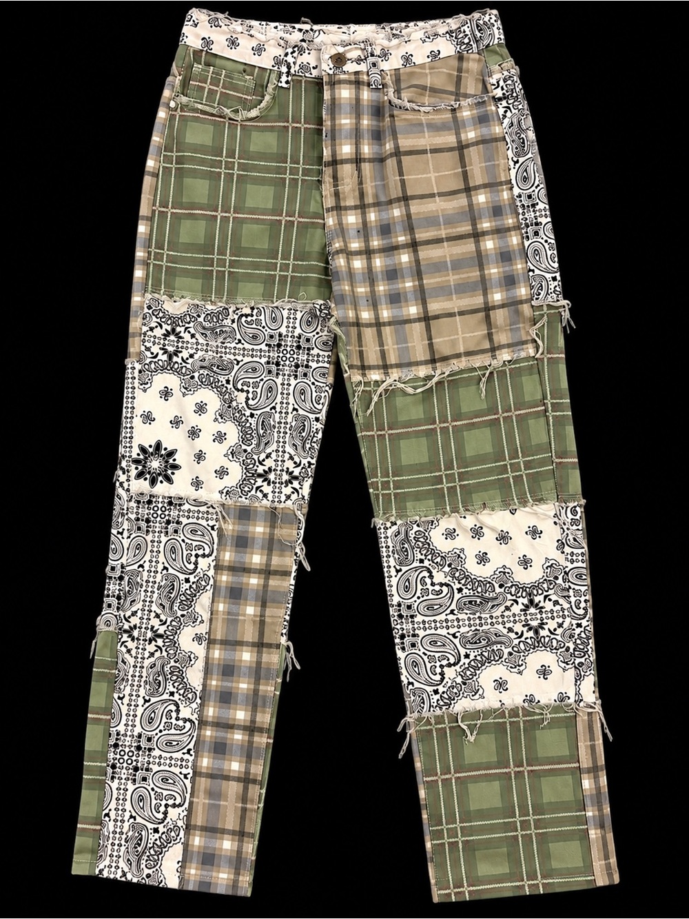 Patchwork Straight-Leg Jeans in Green & Tan with Bandana Detail